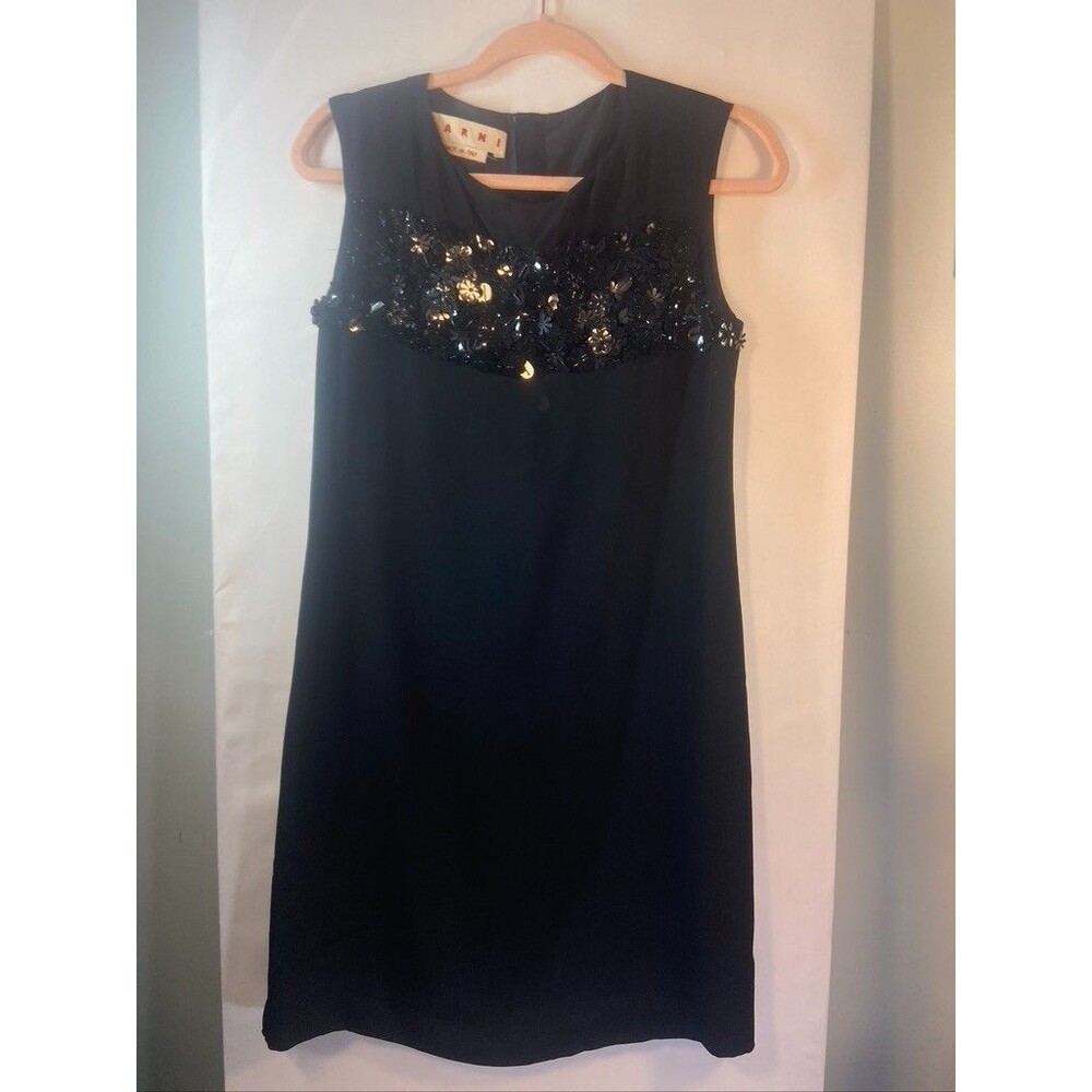 MARNI WOMENS BLACK DRESS SZ 38 XXS FLOWER SQUINS SILK SHORT SLEEVELESS DRESS